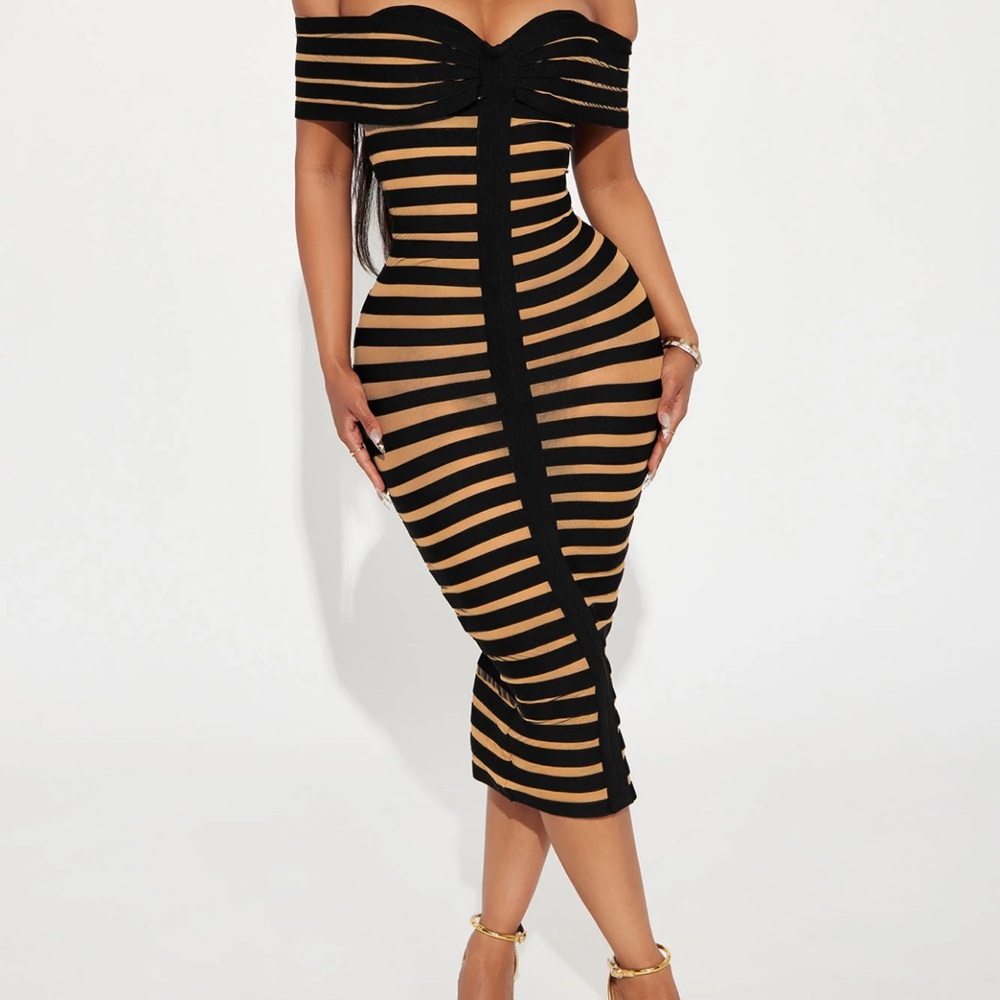 Nevaeh Bandage Elegant Black and Tan Striped Midi Dress